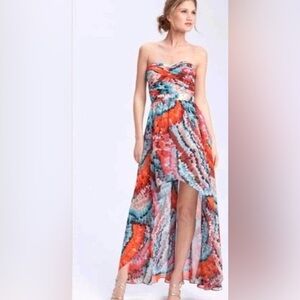 Aidan Mattox High Low Feather Print Strapless Chiffon Gown w Pleated Bodice ZB2